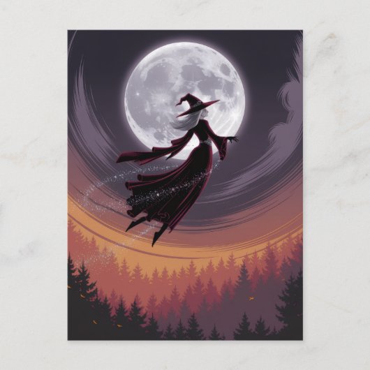 Halloween Spooky Witch Flying Across a Full Moon ポストカード (正面)