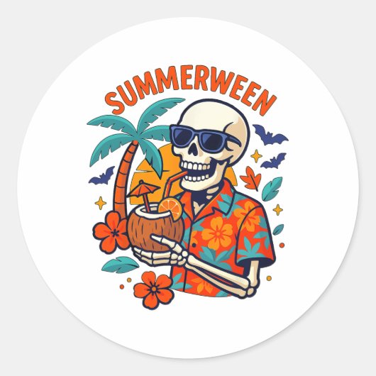 Halloween Summer Ween Skeleton Spooky Vacation Flo ラウンドシール (正面)