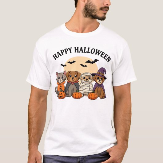Halloween T-Shirt with Cute Cats and Dogs in Costu Tシャツ (正面)