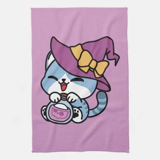 Halloween Tabby Cat – Witch Hat & Potion Art キッチンタオル (縦)
