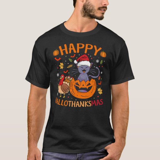Halloween Thanksgiving Christmas Cat Turkey Hallot Tシャツ (正面)