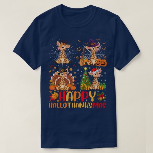 Halloween Thanksgiving Christmas Giraffe Hallothan Tシャツ (デザイン正面)