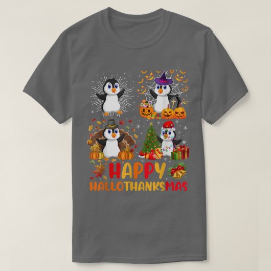 Halloween Thanksgiving Christmas Penguin Hallothan Tシャツ (デザイン正面)