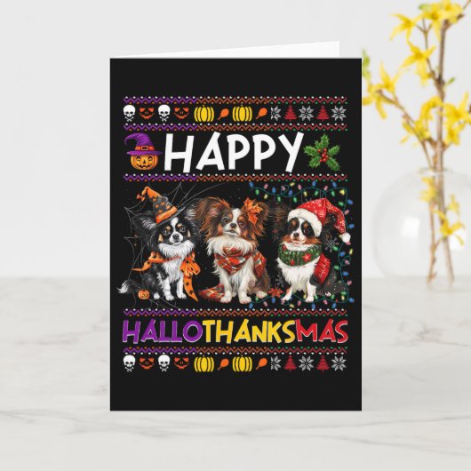 Halloween Thanksgiving Christmas Ugly Papillon Dog カード (黄色い花)