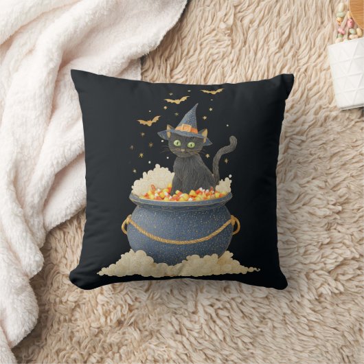 Halloween Throw Pillow. Black Cat  Pumpkin Pattern クッション (ブランケット)