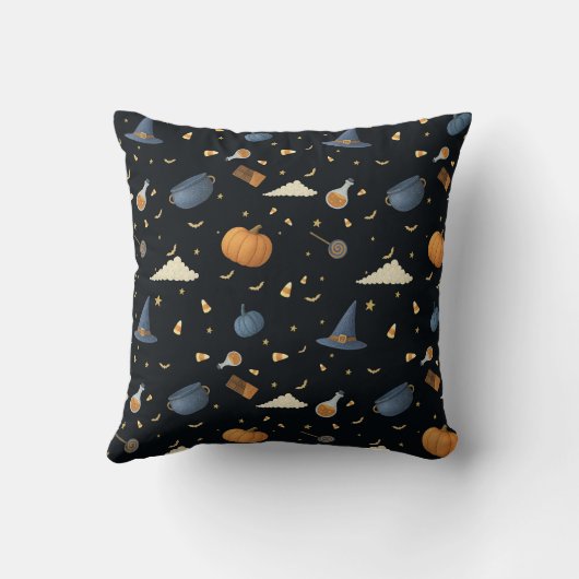 Halloween Throw Pillow. Black Cat Pumpkin Pattern クッション (裏面)