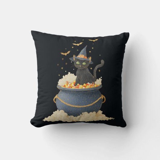 Halloween Throw Pillow. Black Cat  Pumpkin Pattern クッション (正面)