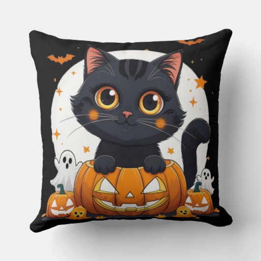 Halloween Throw Pillow with cute cat クッション (裏面)