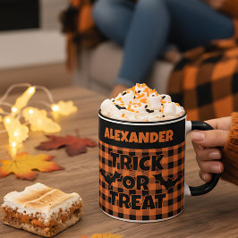 Halloween Trick or Treat Orange & Black Plaid Name マグカップ