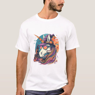 Halloween Unicorn Witch Bats Tシャツ