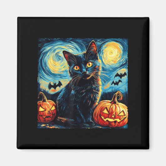 Halloween Van Gogh Starry Night Black Cat Pumpkins マグネット (正面)
