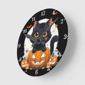 Halloween Wall Clock with cute cat ラウンド壁時計 (傾斜)