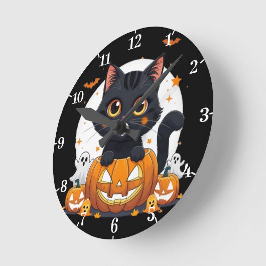 Halloween Wall Clock with cute cat ラウンド壁時計 (傾斜)