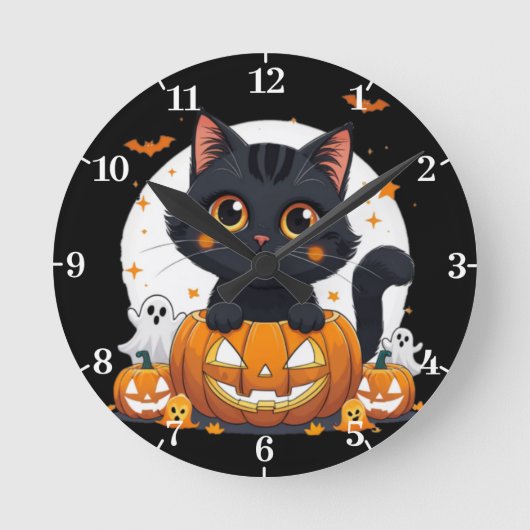 Halloween Wall Clock with cute cat ラウンド壁時計 (正面)