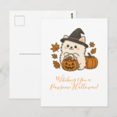 Halloween Wenskaart – Pomeranian met Heksenhoed ポストカード (正面/裏面)