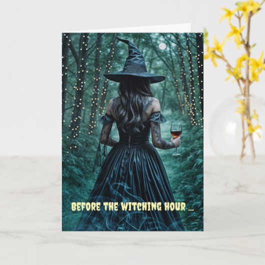 Halloween Witch and Wine in Enchanted Forest  カード (黄色い花)