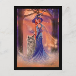 Halloween witch and wolf card by Renee Lavoie ポストカード