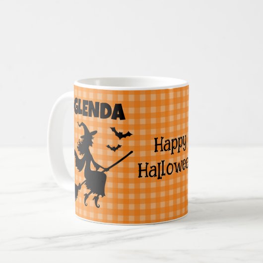 Halloween Witch & Bats Orange Plaid Custom Name コーヒーマグカップ (正面左)