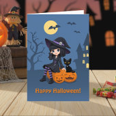 Halloween Witch, Black Cat, and Curved Pumpkins カード