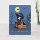 Halloween Witch, Black Cat, and Curved Pumpkins カード (正面)