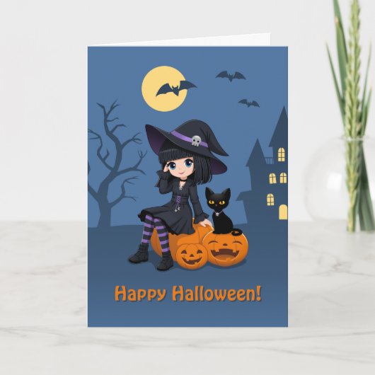 Halloween Witch, Black Cat, and Curved Pumpkins カード (正面)