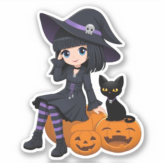 Halloween Witch, Black Cat, and Curved Pumpkins シール (正面)