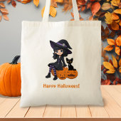 Halloween Witch, Black Cat, and Curved Pumpkins トートバッグ