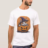 Halloween Witch Hat Cat in Pumpkin Spooky Season Tシャツ (正面)