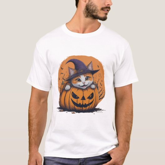Halloween Witch Hat Cat in Pumpkin Spooky Season Tシャツ (正面)