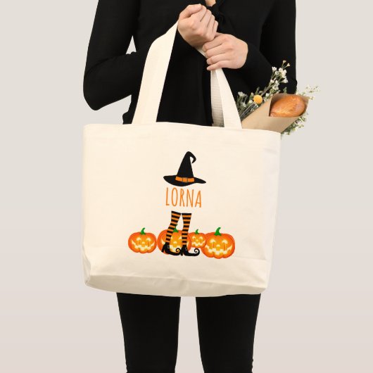 Halloween Witch Legs & Pumpkin ラージトートバッグ (正面(商品))
