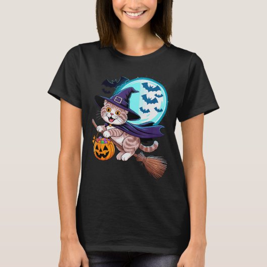 Halloween Witch Scottish Fold Moon Coupari  Tシャツ (正面)