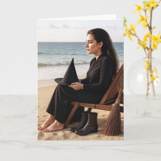 Halloween Witch Sitting On a Beach Chair カード (黄色い花)