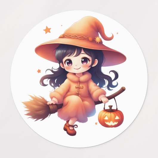 “Halloween Witch Stickers – Cute Pumpkin Witch wit ラベル (デザイン2)