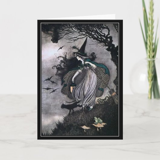 Halloween Witch with Black Cat and Bats カード (正面)