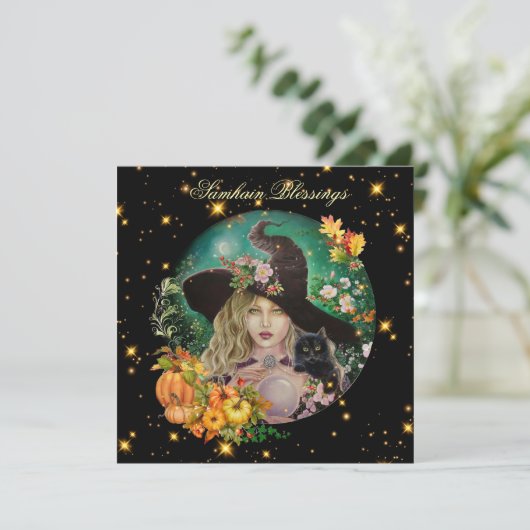 Halloween witch with black kitten greeting card  カード (スタンド正面)