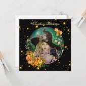 Halloween witch with black kitten greeting card  カード (正面/裏面インサイチュ)