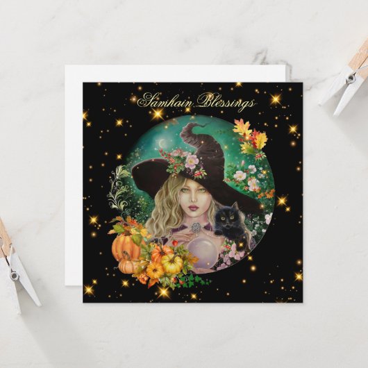 Halloween witch with black kitten greeting card  カード (正面/裏面インサイチュ)