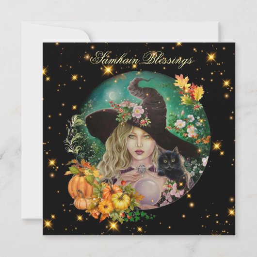 Halloween witch with black kitten greeting card  カード (正面)