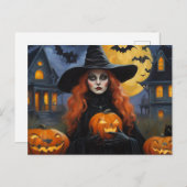 Halloween Witch with Jack O'Lantern Illustration シーズンポストカード (正面/裏面)