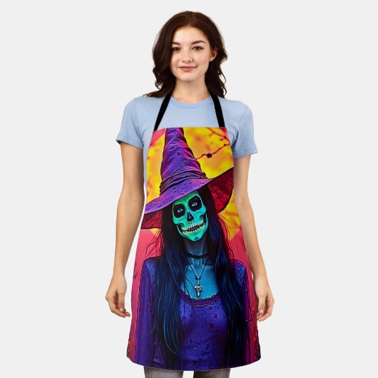 Halloween Witch with Skull Face Design エプロン (着用した状態)