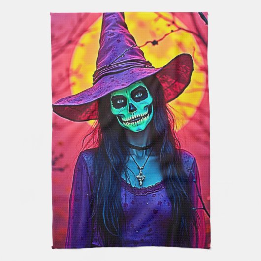 Halloween Witch with Skull Face Design キッチンタオル (縦)