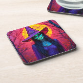 Halloween Witch with Skull Face Design コースター (左側)