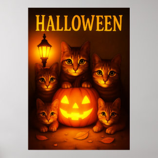 Halloween with Cat Orange Digital Art ポスター