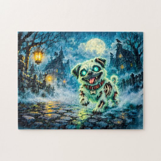 Halloween Zombie Pug in Night City ジグソーパズル (横)