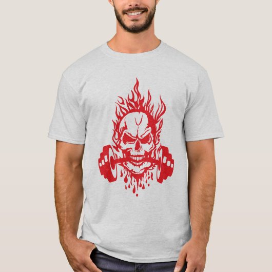 haltere_musculation_tete_mort_flamme_sang_goutte_s tシャツ (正面)
