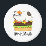 Ham-Purr-Ger Funny Kitty Cat Hamburger Pun マグネット<br><div class="desc">Ham-Purr-Ger Funny Kitty Cat Hamburger Pun features a chubby calico kitty cat loafing on the top of a hamburger. Cute Pun gift for family and friends who love hamburgers,  cute kitty cats and puns.</div>