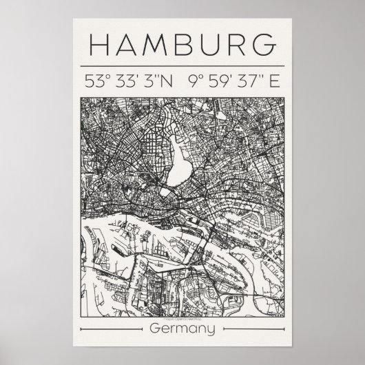 Hamburg Charcoal City Map Poster Minimal Germany ポスター (正面)