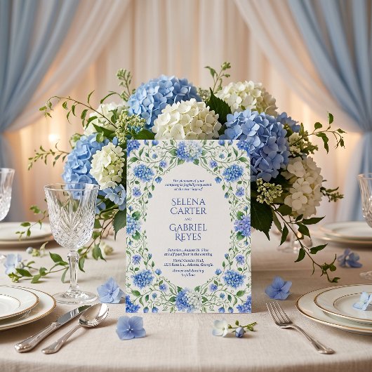 Hamptons Style Blue Hydrangea Watercolor Wedding 招待状