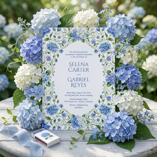 Hamptons Style Blue Hydrangea Watercolor Wedding 招待状