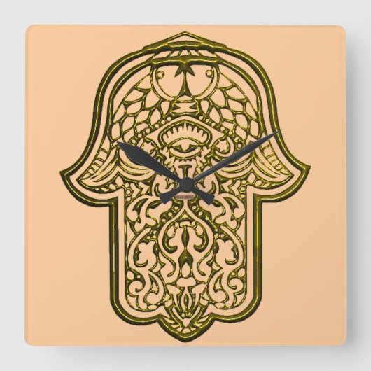 HamsaのHenna手(金) スクエア壁時計 (正面)